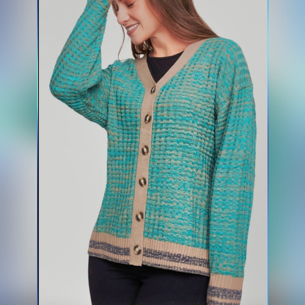 Love Tree Green and Tan Knit Button-Up Front V Neckline Cardigan. L